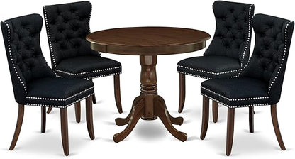 East West Furniture ANDA5-AWA-24 5 Piece Dining Table Set Consists of a Round Kitchen Table with Pedestal and 4 Polyester Fabric Padded Chairs, 36x36 Inch, Antique Walnut
