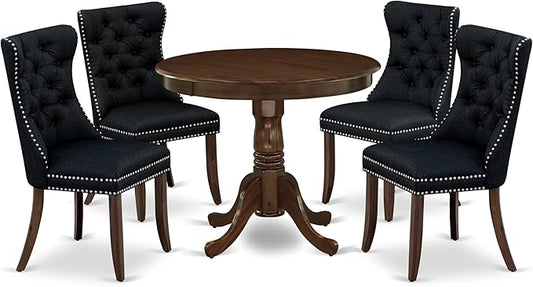 East West Furniture ANDA5-AWA-24 5 Piece Dining Table Set Consists of a Round Kitchen Table with Pedestal and 4 Polyester Fabric Padded Chairs, 36x36 Inch, Antique Walnut