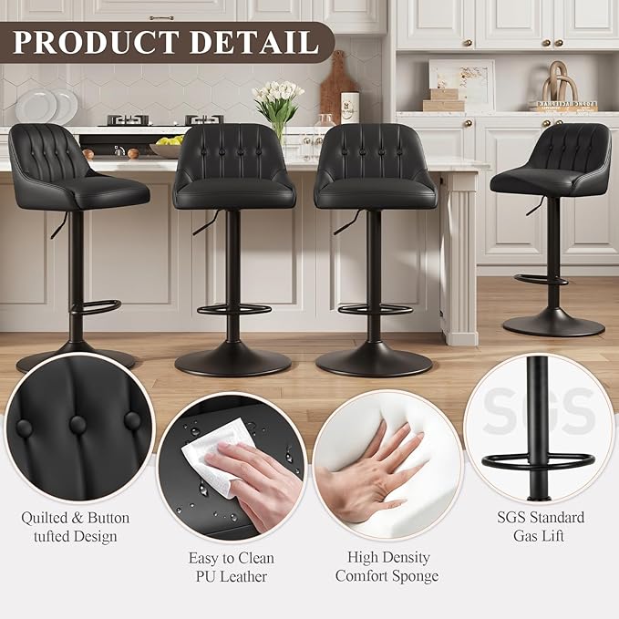 Bar Stools Set of 1, Swivel Bar Chairs, Modern Adjustable PU Leather Upholstered Barstools Counter Height with Tufted Back for Bar, Kitchen Counter Island, Dining Room, Black