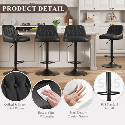 Bar Stools Set of 1, Swivel Bar Chairs, Modern Adjustable PU Leather Upholstered Barstools Counter Height with Tufted Back for Bar, Kitchen Counter Island, Dining Room, Black