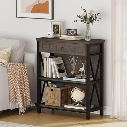 FATORRI Rustic Small Bookshelf, Industrial Wood Book Shelf with Drawer, 3 Shelf Bookcase for Small Space, Low Book case for Living Room, Home Office (Walnut Brown)