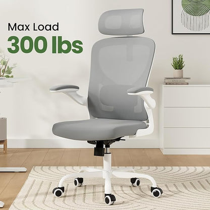Ergonomic Office Chair, Comfy Home Office Chair High Back Computer Chair with Headrest, Adjustable Back Support, Flip-Up Arms, 90-120° Tilt and Wide Cushion, Up to 300lbs, Grey+White