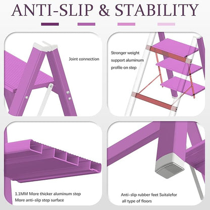 2 Step Lightweight Folding Ladder for Home, 330lbs Aluminum Step Ladder Anti-Slip for Kitchen, Step Stool Foldable Adults for Closet, 330lbs - Light Purple