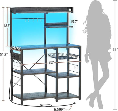 Aheaplus Bakers Rack with Power Outlet and LED Light Strings, Microwave Oven Stand Kitchen Storage Shelf with Wire Basket, Coffee Bar Station Island Table with 10 Hooks for Spices, Pots, Black Oak