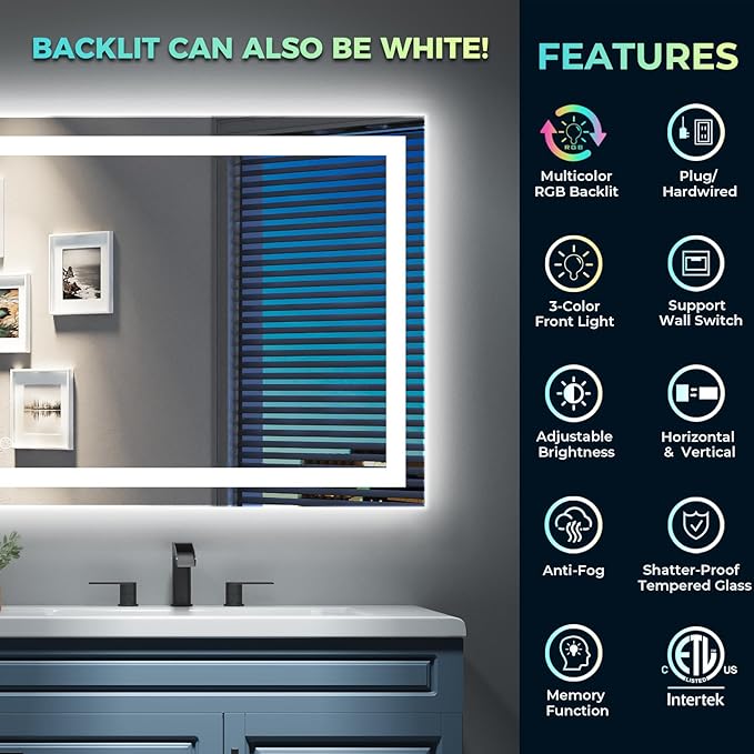80x40 Inch RGB LED Bathroom Mirror Front Light and RGB Backlit Lighted Vanity Mirror for Bathroom Wall Mounted Dimmable Anti Fog Memory Shatter-Proof IP54 Waterproof Horizontal/Vertical