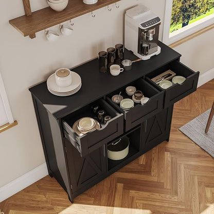 Storage Cabinet, Coffee Bar Cabinet with 2 Adjustable Shelves, 3 Drawers, and 2 Doors, for Bathroom, Kitchen, Living Room (Black)