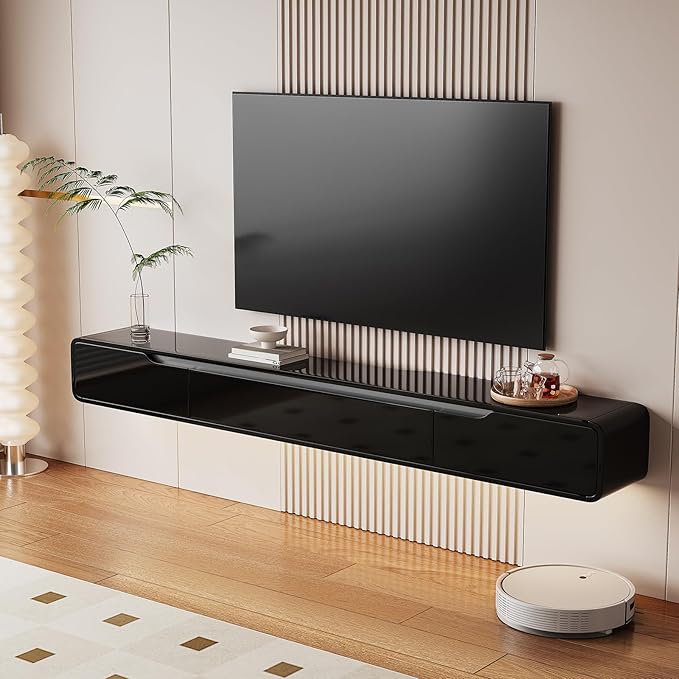 High Gloss Floating TV Stand with 3 Doors,86'' Wall Mounted TV Cabinet,Under TV Console,Floating Media Shelft for Bedroom Living Room(Black)