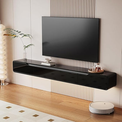 High Gloss Floating TV Stand with 3 Doors,86'' Wall Mounted TV Cabinet,Under TV Console,Floating Media Shelft for Bedroom Living Room(Black)