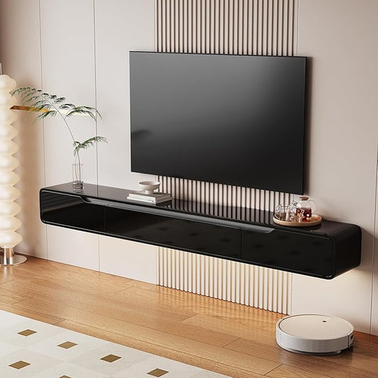 High Gloss Floating TV Stand with 3 Doors,70'' Wall Mounted TV Cabinet,Under TV Console,Floating Media Shelft for Bedroom Living Room(Black)