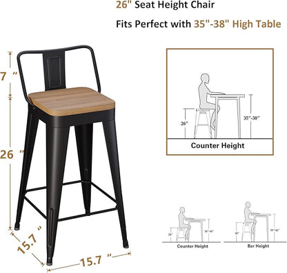 WENTMENT Metal Bar Stools Set of 4 Counter Height Barstools with Removable Back 26" Kitchen Bar Stools with Wooden Seat, Black