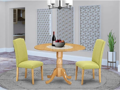East West Furniture DLEN3-OAK-07 3 Piece Kitchen Table Set Contains a Round Dining Room Table with Dropleaf and 2 Limelight Linen Fabric Parson Dining Chairs, 42x42 Inch, Oak