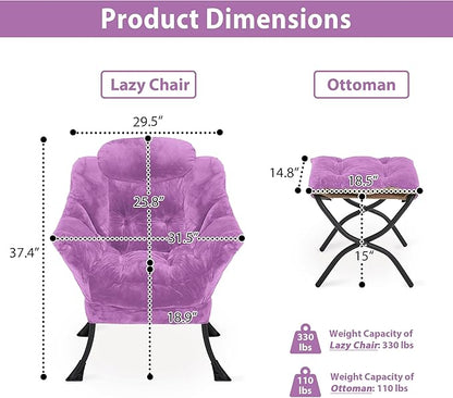 Lazy Chair with Folding Ottoman, Accent Chair Plush Upholstered with Metal Structure and Non-Slip Pads, Sofa Armchair with Footrest and Side Storage Bag for Dorm, Room, Office, Purple