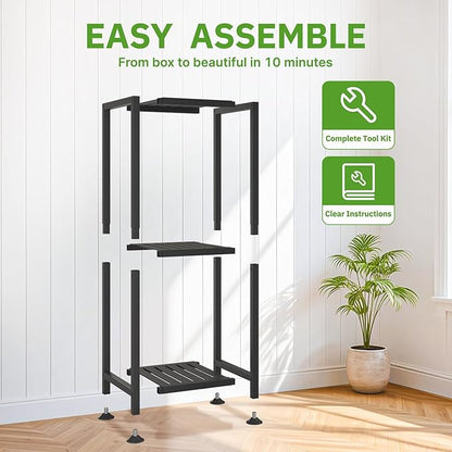 KMOTASUO 3 Tiered Black Tall Plant Stand for Indoor Outdoor, Heavy Duty Metal Multiple Large Planter Rack for Narrow Corner, Sturdy Iron Vertical Flower Holder for Modern House, Patio, Bathroom, Porch