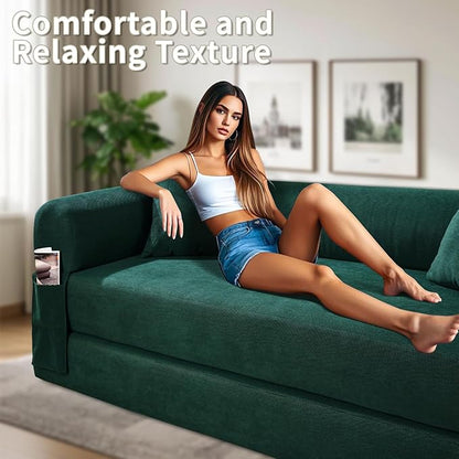 80" Convertible Sofa Bed, Corduroy Deep Seat Folding Pull Out Couch with Pillows, No Assembly Modern Boneless Couch Compression Sofa in Box, Floor Sofa with Storage Pocket for Living Room,Dark Green