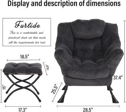 Oversized Chair with Ottoman, Modern Reading Chair, Lounge Accent Chair with Armrests and a Side Pocket for Small Space, Bedroom, Study, Living Room (Plush Dark Greyish Blue)