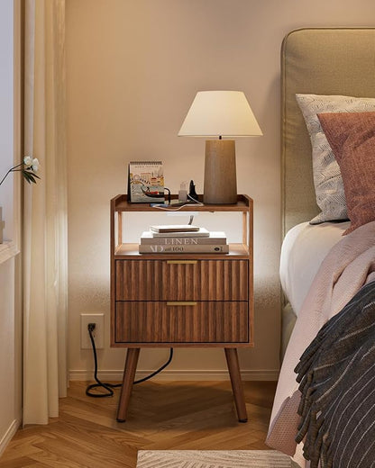 Nightstand with Charging Station and LED Lights,Modern Bedside Table with 2Drawer and Open Shelf,Walnut Night Stand with Solid Wood Legs,End Table for Living Room、Bedroom and Small Spaces