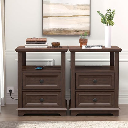 18" Wide End Table with Fast Charging Station Set of 2, 18” Wide Sofa Side Table with Drawers,End Table with Drawers for Living Room,Cherry