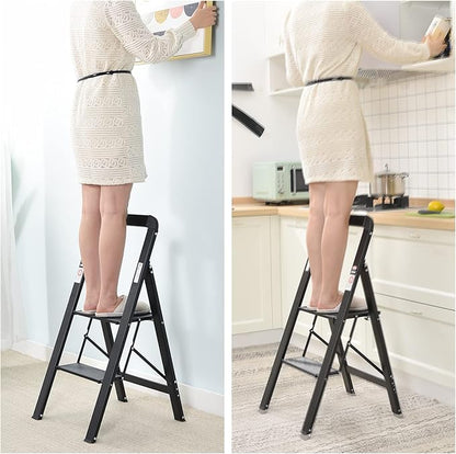 KINGRACK Step Ladder, 2 Steps, Folding Step Ladder with Handrail, Non-Slip Household Ladder with Folding Safety, Aluminium Step Stool, Maximum Load 150 kg, Black