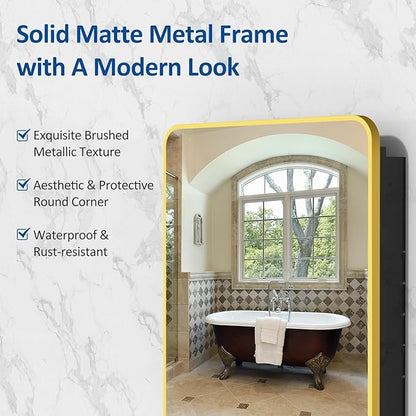 24x30 Inch Bathroom Medicine Cabinet with Mirror Gold Metal Framed Recessed or Surface Wall Mounted Mirrored Medicine Cabinets for Bathroom