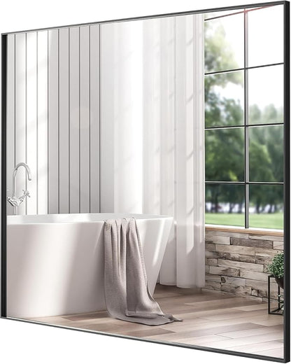 24x24 Inch Black Bathroom Mirror, Copper-Free Mirror, Aluminum Alloy Frame Vanity, Rectangle Wall Mounted Modern Mirror for Bedroom/Living Room/Porch Horizontal or Vertical