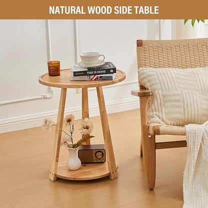 CozyDH Round End Table, Wooden Narrow/Little Coffee/Sofa/Couch SideTable with Lower Shelf for Living Room Bedroom, Solid Wood Bedside Nightstand, Natural