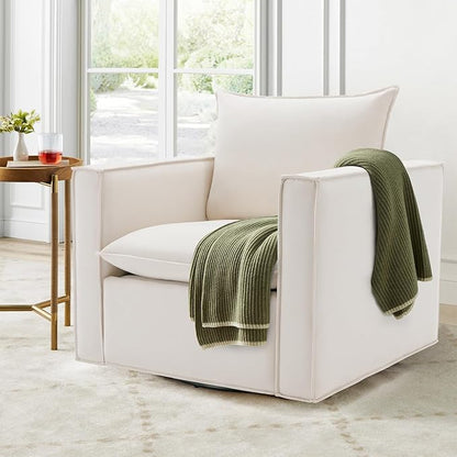 COLAMY Swivel Accent Chair, 34 Inches Wide Upholstered Arm Chair with Plump Back Pillow, Modern Sofa Living Room Chair for Bedroom, Corner, Reading Nook-Beige