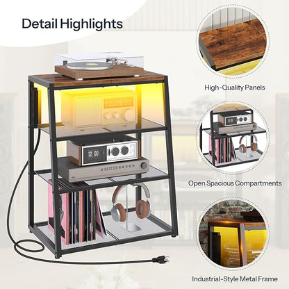 HOOBRO 4-Tier AV Media Stand with Charging Station and LED Light, Wooden Stereo Cabinet, Corner TV Stand, Rack Audio Tower, Corner Entertainment Center, Rustic Brown and Black BF107UDCJ01