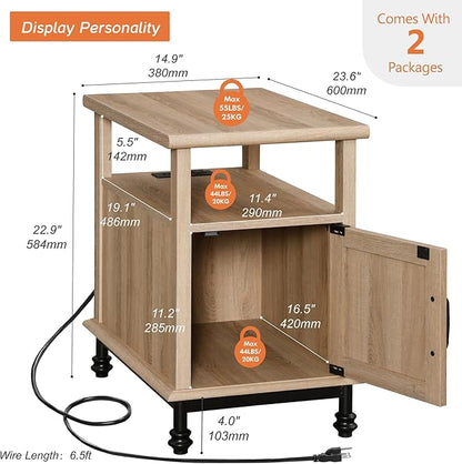 WAMPAT Set of 2 End Tables with Charging Station, Sofa Side Tables with Storage Cabinet for Living Room, Light Wood Bedside Table with Metal Leg, Nightstand for Bedroom, Oak