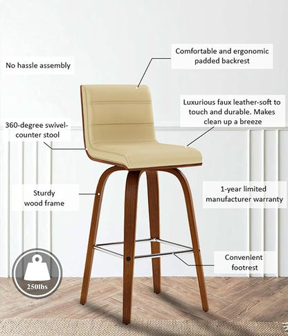 Armen Living Vienna 26" Swivel Counter Stool in Walnut Wood Finish with Cream Faux Leather - Set of 2