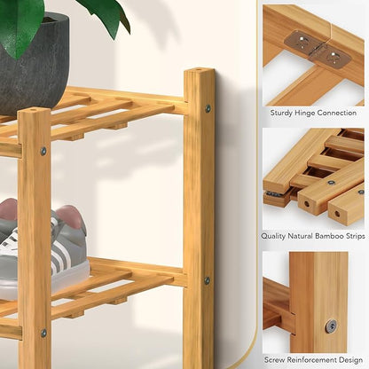 Haddockway Large 3 Tier Bamboo Shoe Rack Storage Organizer,Multifunctional Free Standing Stackable Shoe Shelf with Grid Panel for Closet,Hallway,Entryway,Small Space 27"x12"x21"(Natural, 3-Tier Large)
