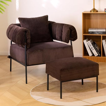 HollyHOME Modern Velvet Accent Chair with Ottoman, Upholstered Comfy Reading Chair and Footstool, Fabric Large Lazy Arm Chair and Stool, Lounge Sofa Chair for Living Room, Bedroom, Coffee Chair&Stool