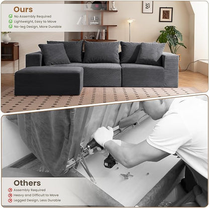 Modular Sectional Sofa, 108" L-Shaped Boneless Couch with Deep Seat, Corduroy Cloud Couch for Living Room, Bedroom, No Assembly Required, Ship in a Box, Grey