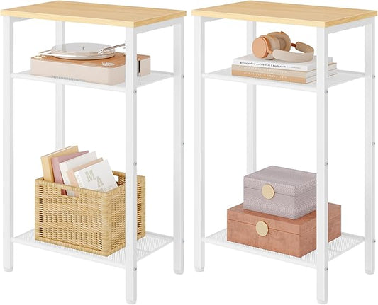 Hoctieon 2-Set 3 Tier End Table, Telephone Table Set of 2, Tall Side Table with Storage Set of 2, Small Nightstand for Small Spaces, Metal Frame, White and Yellow Oak