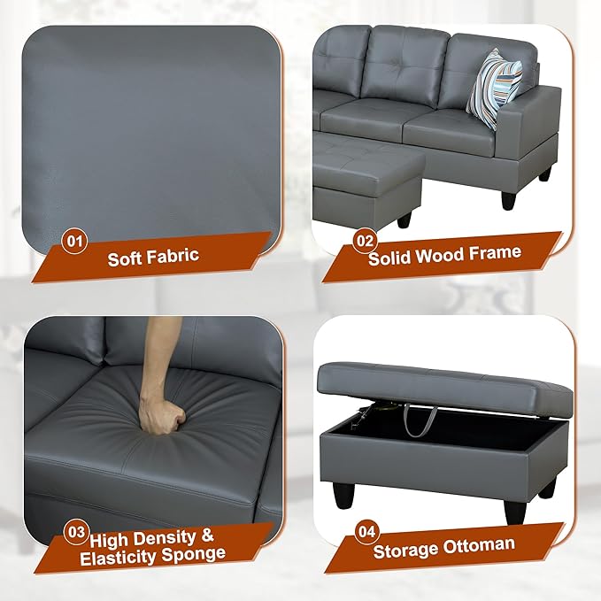 Osparple L Shaped Couch PU Leather Sectional Couches for Living Room Upholstered 3 Pieces Modular Sectional Sofa with Chaise, Ottoman with Storage for Living Room and Small Apartment, Dark Grey