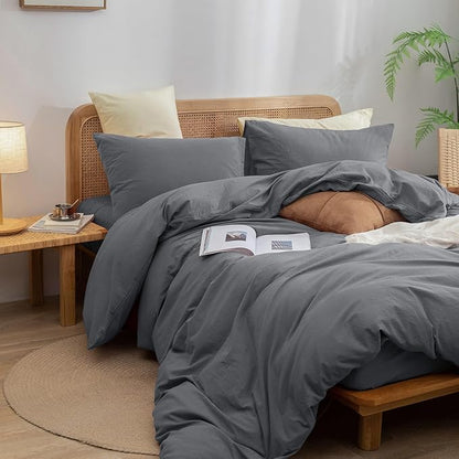 BESTOUCH Duvet Cover Set 100% Washed Cotton Linen Feel Super Soft Comfortable Chic Lightweight 3 PCs Home Bedding Set Solid Quiet Shade Grey Oversized Queen