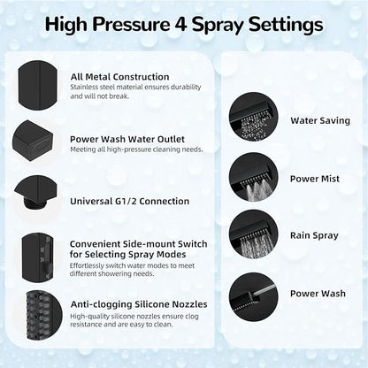 Hibbent All Metal 8'' Rainfall Shower Head, Square Shower Head Combo, High Pressure Handheld Shower Wand, 4 Sprays, 16'' Adjustable Arc-shaped Extension Arm, 71'' Hose, Showerhead Holder, Matte Black
