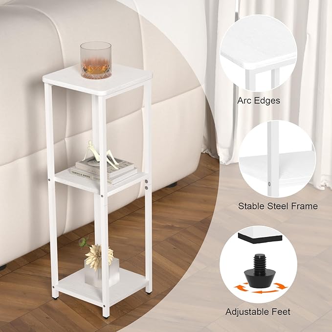 10" Wide Square Drink Table with Adjustable Feet - 3-Tier Small Side Table for Apartments, Balcony & Office | Space-Saving, Lightweight & Multi-Functional (Plants, Books, Drinks, White)
