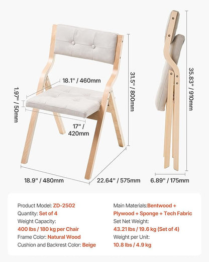 VEVOR Wooden Folding Chairs with Cushion, Set of 4, Portable Foldable Cushion Chair with Wooden Frame, Modern Padded Dining Chair for Kitchen, Office, Wedding, Party, Dining Room, Easy Assembly, Beige