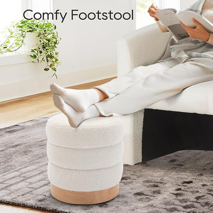COLAMY Sherpa Ottoman Footstool, Tufted Modern Foot Rest Stool with Wood Base for Living Room, Bedroom, Desk, Round Versatile Side End Table, Pouf, Makeup Seat, Cream