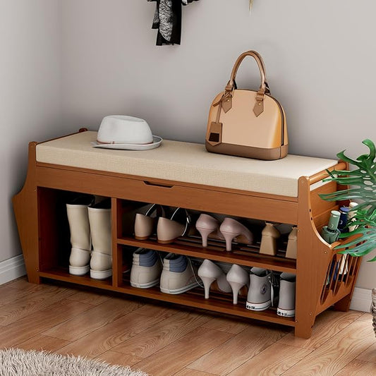 39.4in Shoe Bench with 2 Side Holder, 3 Tier Bamboo Entryway Bench with Storage, Shoe Rack Bench Organizer with Cushion for Entryway Hallway Living Room, Holds up to 330lbs