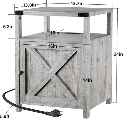 Farmhouse Nightstand Set of 2, Rustic End Table with Storage, Bedroom Night Stand, Industrial Bedside Table with USB Ports and Outlets, 17.7 x 17.7 x 23.6 inches, Grey