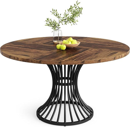 Tribesigns Round Dining Table for 4-6 People, 47-Inch Farmhouse Dinning Room Circle Kitchen Table, Industrial Dinner Table with Metal Base for Kitchen, Living Room, Black and Brown