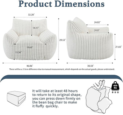 Giant Plush Bean Bag Chair for Adults with Armrests - Oversized Comfy Beige Beanbag Lounge Lazy Floor Sofa Accent Chair for Living Room, Bedroom & Dorm, Cozy Fluffy Single Cloud Mini Couch