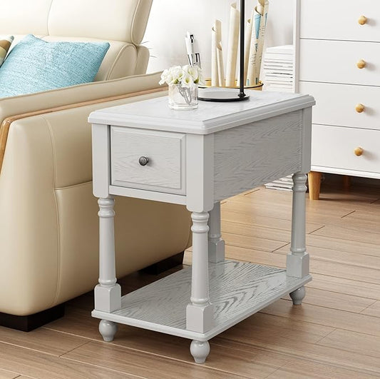 Narrow End Table with Drawer and Open Storage Shelf, Solid Wood Sofa Side Table for Living Room, Beside Table,Telephone Table for Small Spaces,No-Tools Assembly Vintage White BBJ004RW