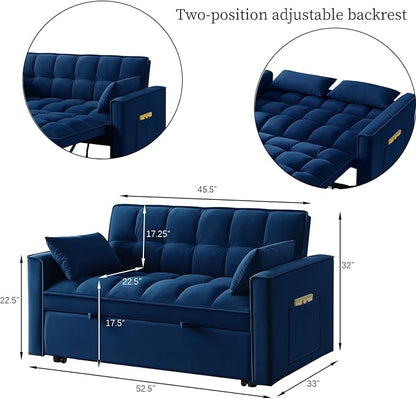KEIKI Velvet Loveseat Convertible Sofa Bed Sleeper Chair with Adjustable Backrest, Pillows & Storage Pockets, 3 in 1 Pull-Out Couch Chaise Lounge Recliner for Living Room Balcony Bedroom, Navy
