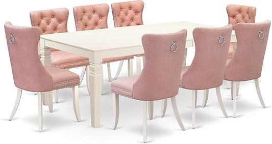 East West Furniture LGDA9-LWH-23 9 Piece Kitchen Set Contains a Rectangle Dining Table with Butterfly Leaf and 8 Polyester Fabric Upholstered Chairs, linen white