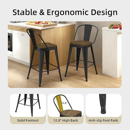 Metal Bar Stools Set of 4, High Back Bar Stools with Wooden Seat, 24 inch Black Barstools for Kitchen Island