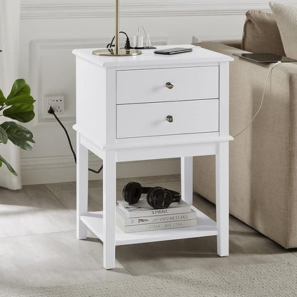 conifferism White Nightstand with Charging Station 28 inches Tall for Bedroom, Sofa Side Table with 2 Drawers,Large End Table with USB Ports,Modern Bedside Table for Home Living Room