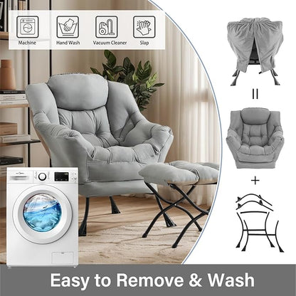 Lazy Chair with Ottoman, Large Modern Lounge Accent Chair with Armrests and Footrest, Reading Armchair with Ottoman, Leisure Sofa Chair for Living Room, Bedroom, Dorm Room (Light Grey)