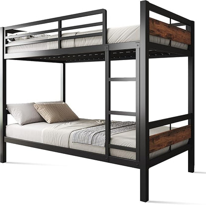 Feonase Metal Bunk Bed Twin Over Twin with Ladder and High Guardrail, Heavy-Duty Metal Slats Support, Noise Free, No Box Spring Needed, for Kids and Juniors, Vintage